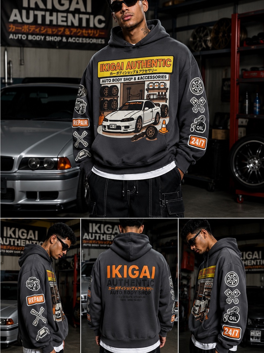 Ikigai Hoodie Charcoal Graphic Patch Oversize Men's L Pullover Fleece NWT